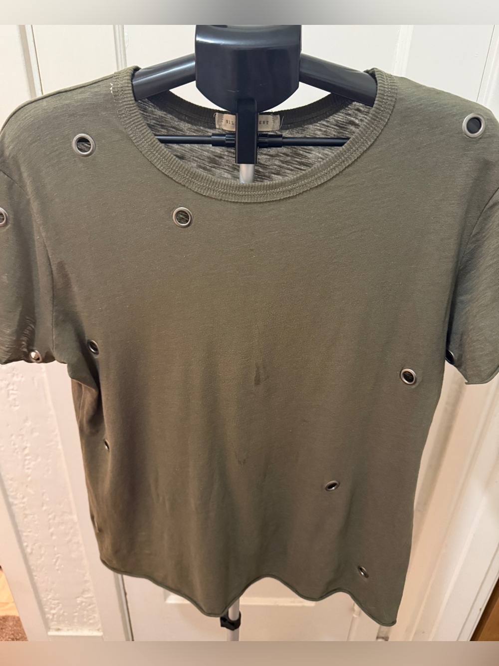 Gilded intent Olive Green Short Sleeve Eyelet Detail Top